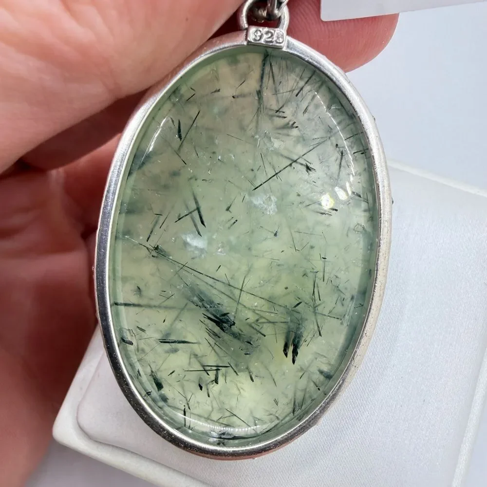 NWT 27x41mm MONSTER faceted/checkerboard‎ PREHNITE pendant in BALI 925!
